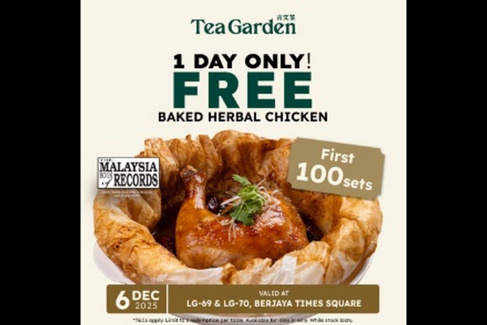 FREE Baked Herbal Chicken at Tea Garden’s 49th Outlet Grand Opening!