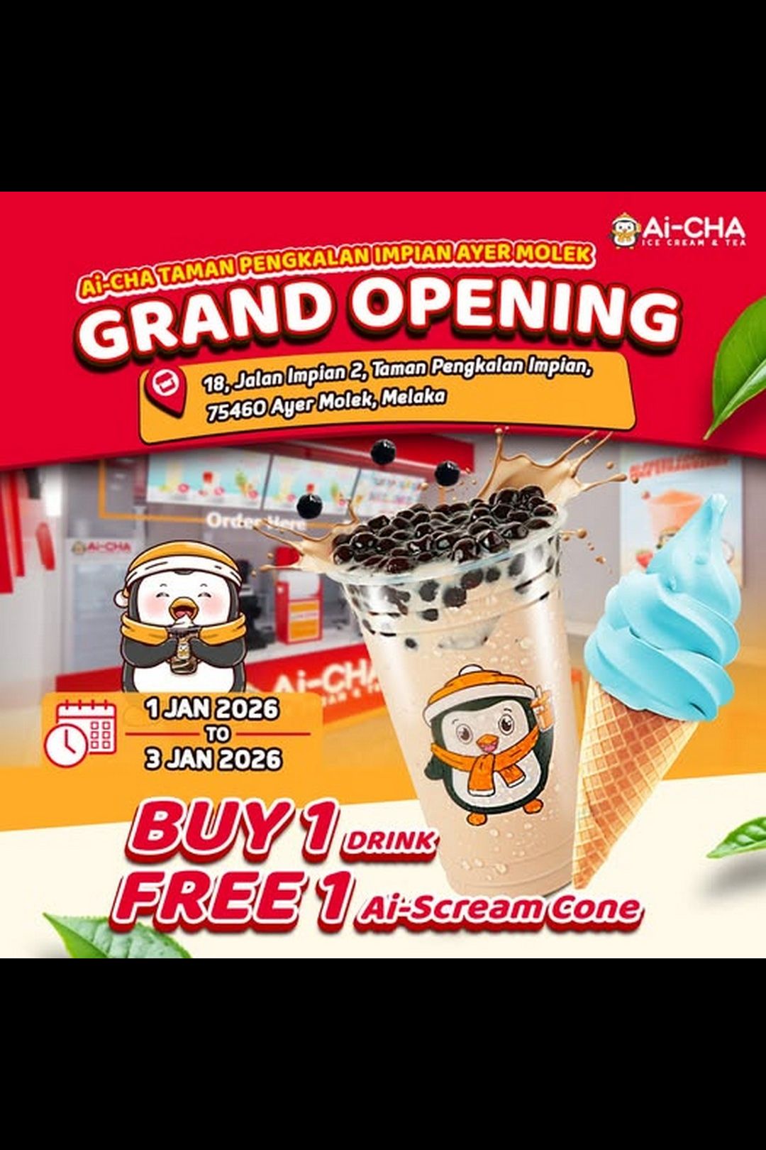  Ai-CHA Malaysia Taman Pengkalan Impian Ayer Molek: Grand Opening Free Ice Cream Promotion!
